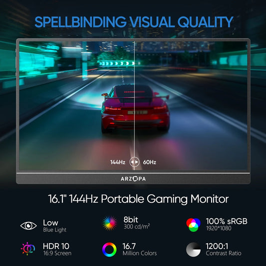 ARZOPA 16.1 inch 100% sRGB 144Hz Portable Monitor Gaming Laptop Display with Type C Mini HDMI For PS/Steam/Deck/Switch/PC/Mac