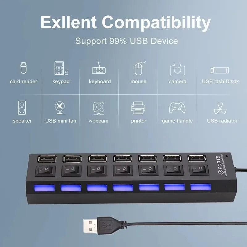 Switch Extension Hub 7-port USB2.0 Hub Computer USB Extension Hub One Drag Seven USB2.0 Splitter PC Laptop, Console