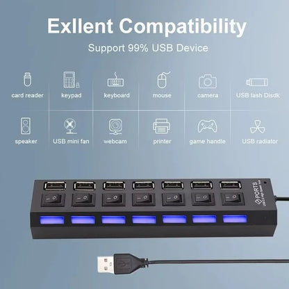 Switch Extension Hub 7-port USB2.0 Hub Computer USB Extension Hub One Drag Seven USB2.0 Splitter PC Laptop, Console